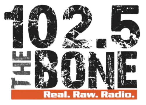 Distressed text logo for 102.5 The Bone Real Raw Radio, hosting Bruce Woodburn's home financing broadcast.