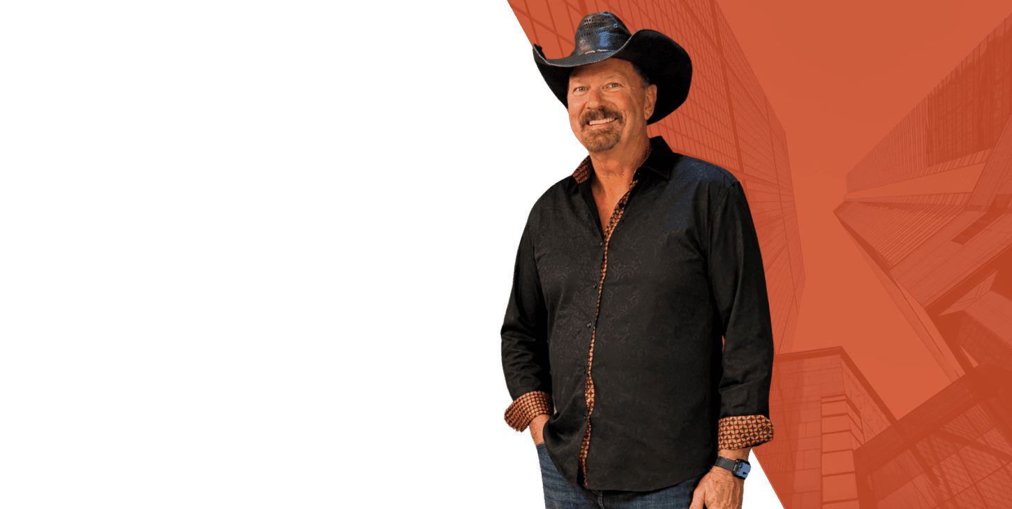 Bruce Woodburn wearing a black cowboy hat, standing next to the Orlando homepage contact form.