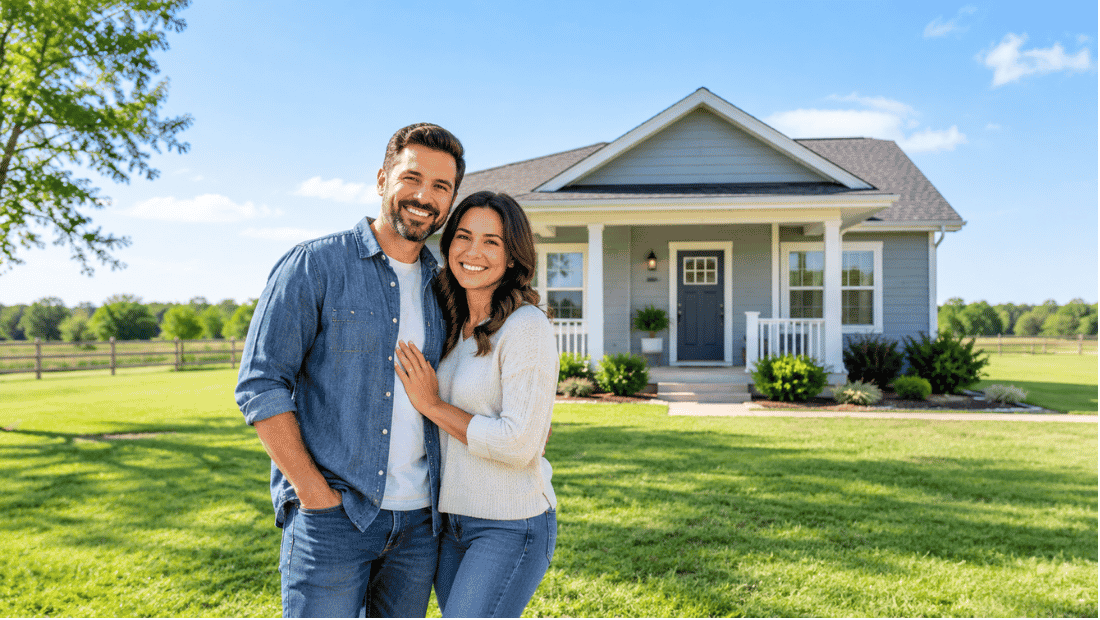 Smiling couple standing on the lawn in front of a single-story home with a front porch, fenced yard and open land behind it