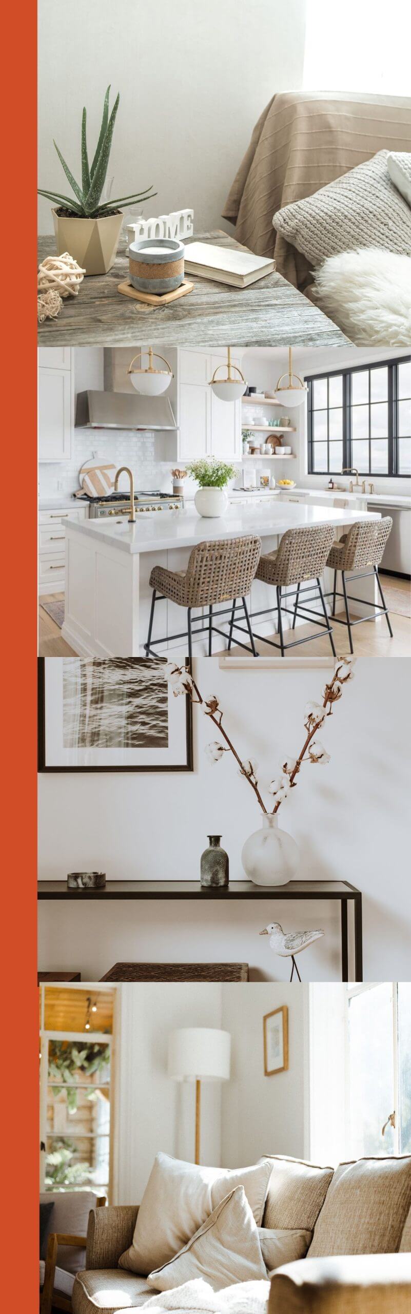 Collage of bright modern home interiors: living room shelf, white kitchen with island seating, entry console and living room sofa