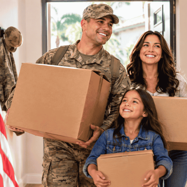 Smiling service member in camouflage uniform carrying a moving box into a home with his wife and daughter, an American flag in the foreground